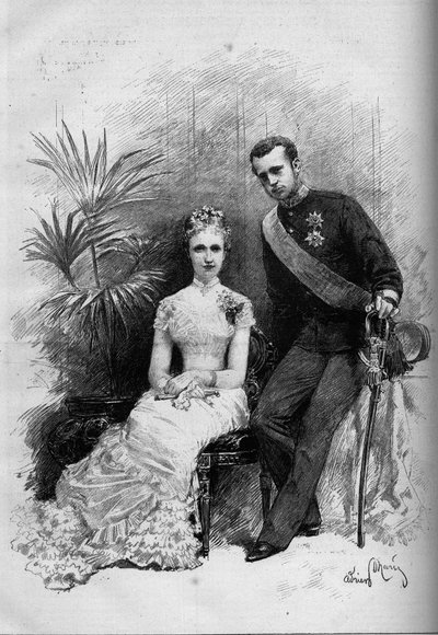 Portret księżnej Stefanii Belgijskiej (1864-1945) i arcyksięcia Rodolfa austriackiego (1858-1889). Grawer w „Le Monde Illustré” n°1209 z 29 maja 1880 r. autorstwa French School