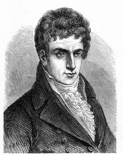 Portret Roberta Fultona (1765 - 1815), amerykańskiego mechanika, który zbudował pierwszy okręt podwodny śmigłowy - w „Albumie nauki; wybitni naukowcy; Wielkie odkrycia”” 1896. autorstwa French School