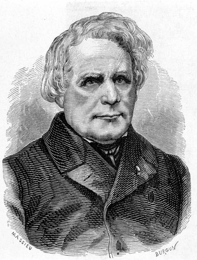 Portret Ruhmkorffa Heinricha Daniela (1803 - 1877), konstruktora instrumentów fizycznych (aparat indukcyjny), niemieckiego mechanika i elektryka - w „Albumie nauki”; wybitni naukowcy; Wielkie odkrycia”” 1896. autorstwa French School