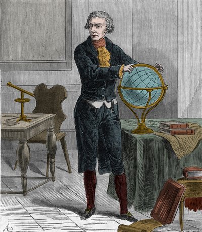 Portret sir Friedricha Wilhelma Herschela (1738-1822), brytyjskiego niemieckiego astronoma i fizyka - Portret Williama Herschela brytyjskiego astronoma urodzonego w Niemczech - Grawerowanie w ""Nauki w zasięgu wszystkich - popularna fizyka i chemia"" autor autorstwa French School