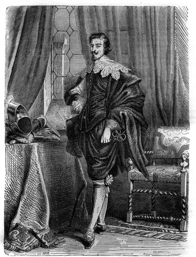 Portret Thomasa Wentwortha (1593-1641), hrabiego Strafford, angielskiego męża stanu, rycerza podwiązki i ważnej postaci w wydarzeniach prowadzących do pierwszej rewolucji angielskiej. Rycina w „”Historii Papieży (...) Zbrodnie Króla Króla i Empe autorstwa French School