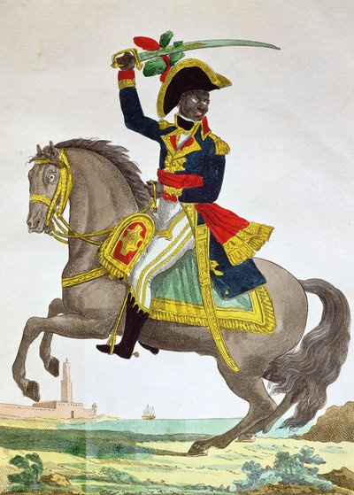 Portret Toussaint Louverture (1743-1803) na koniu, początek XIX wieku (kolorowe grawerowanie) autorstwa French School