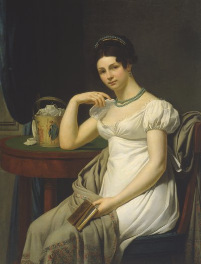 Portret kobiety we wnętrzu z koszem do pracy autorstwa French School