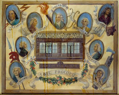 Portrety postaci historycznych i widok na paryską kawiarnię Le Procope: Benjamin Franklin, Jean Jacques Rousseau, Voltaire, Jean D