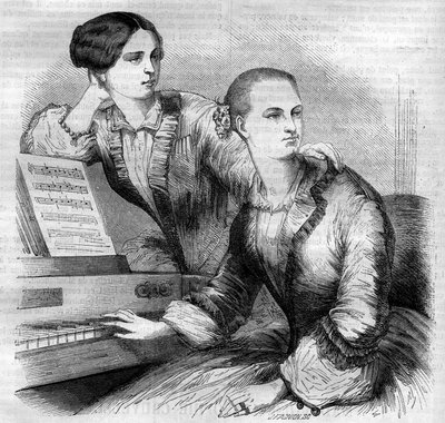 Portret sióstr Cruvelli, niemieckich tancerek. Sophie Cruvelli (Johanna Sofia Charlotte Cruwell, j.m.) (1826-1907) i Marie Cruvelli (Friederike Marie Cruwell, j.m.) (1824-1868). Grawerowanie z 1852 roku. autorstwa French School