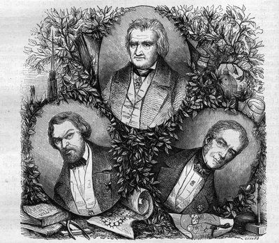 Portrety Jeana Baptiste Antoine Lassusa (1807-1857), francuskiego architekta (po lewej); Charles Lacretelle Jeune (1766-1855), francuski historyk i prawnik (w środku); oraz baron Auguste Gaspard Louis Desnoyers (1779-1857), francuski rytownik. Grawerunek z autorstwa French School