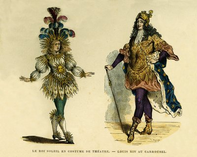 Portrety króla Ludwika XIV (1638-1715), w stroju teatralnym i karuzeli. Grawerowanie kolorem, w „France et les francais a travers les Century” Augustina Challamela, redaktora F.Roya, Paryż 1882. Kolekcja Selva. autorstwa French School