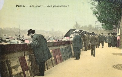 Pocztówka przedstawiająca bukinistów wzdłuż lewego brzegu Sekwany, Paryż, przed 1914 r. (zdjęcie kolorowe) autorstwa French School
