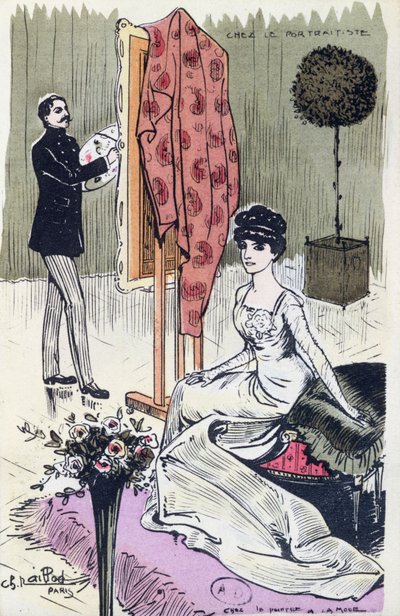 Pocztówka przedstawiająca modnego portrecistę przy pracy, 1910 autorstwa French School