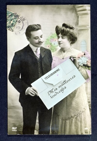 Telegram pocztówka wysłana w 1907 r. autorstwa French School