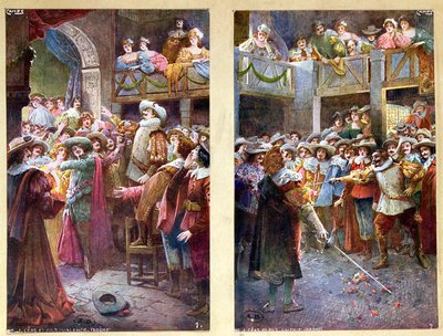 Pocztówki przedstawiające Cyrano de Bergerac i pojedynek w Hotel de Bourgogne, ok. 1900 autorstwa French School