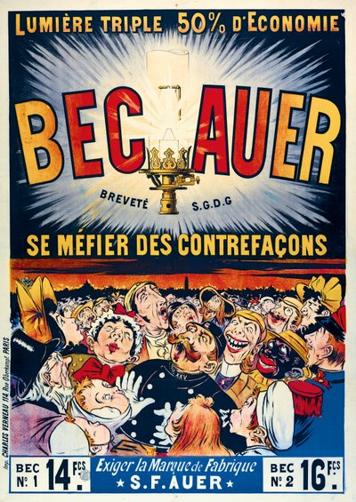 Plakat reklamujący lampy naftowe Becauer, wydrukowany przez Charlesa Verneau, 1890 autorstwa French School