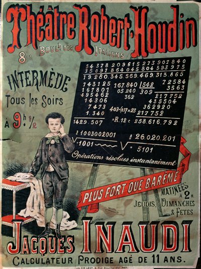 Plakat reklamujący pojawienie się Jacquesa Inaudi (1867-1939) w teatrze Robert Houdin, Paryż, 1878 autorstwa French School