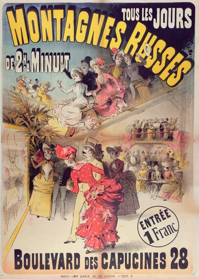 Plakat reklamujący kolejkę górską Montagnes Russes na Boulevard des Capucines, Paryż, 1888 autorstwa French School