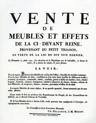 Plakat reklamujący sprzedaż mebli i przedmiotów należących do Marii Antoniny w dniu 25 sierpnia autorstwa French School