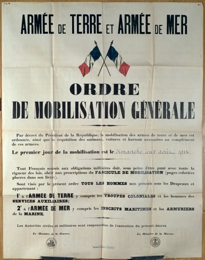 Plakat zapowiadający powszechną mobilizację we Francji, 2 sierpnia 1914 przez ministra de la Guerre et de la Marine autorstwa French School