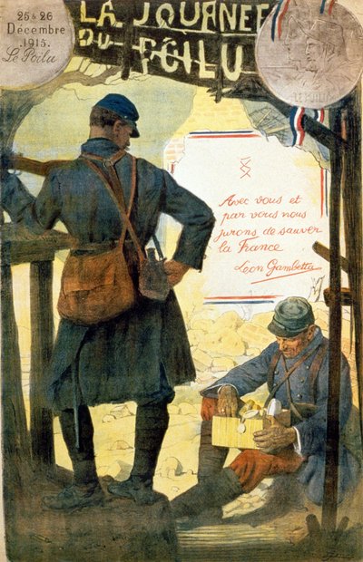 Plakat do „”La journée du poilu - 25 i 26 grudnia 1915”” z cytatem Léona Gambetty „Z tobą i przy Tobie przysięgamy ocalić Francję”. (włochaty otwierający pudełko otrzymane od rodziny). autorstwa French School