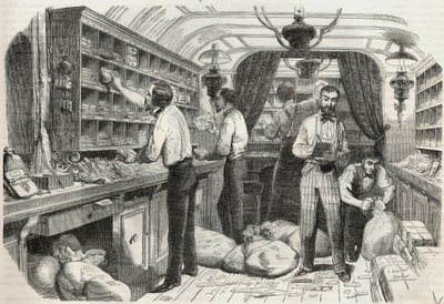 Słupki: wnętrze mobilnego biura - Grawerowanie w „Tableau-de-Paris” autorstwa Edmonda Texiera 1852 autorstwa French School