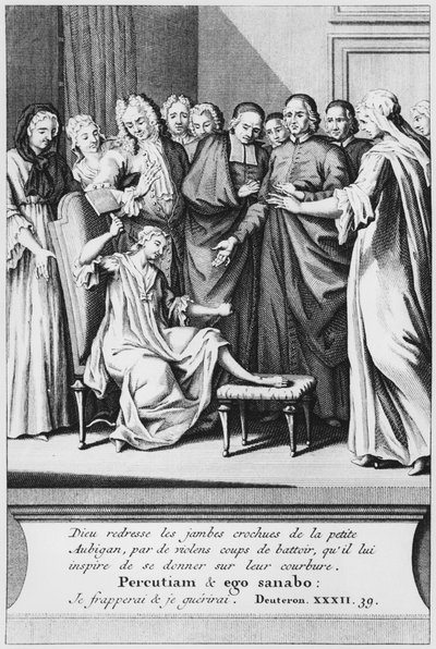 Praktyka pomocy i cudowne uzdrowienie Aubigan, ilustracja z La verite des cuds de M. de Paris... Louis Basile Carre de Montgeron (1686-1754) 1737 autorstwa French School