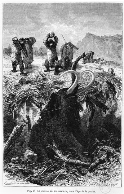 Prehistoryczni mężczyźni polujący na mamuty, ilustracja z LHomme primitif autorstwa Louisa Figuiera, publikacja Hachette, Paryż, 1870 autorstwa French School