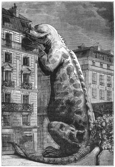Prehistoryczny potwór we współczesnym mieście, ryty przez Motty (XIX wiek) ilustracja z Le Monde Avant la Creation de l