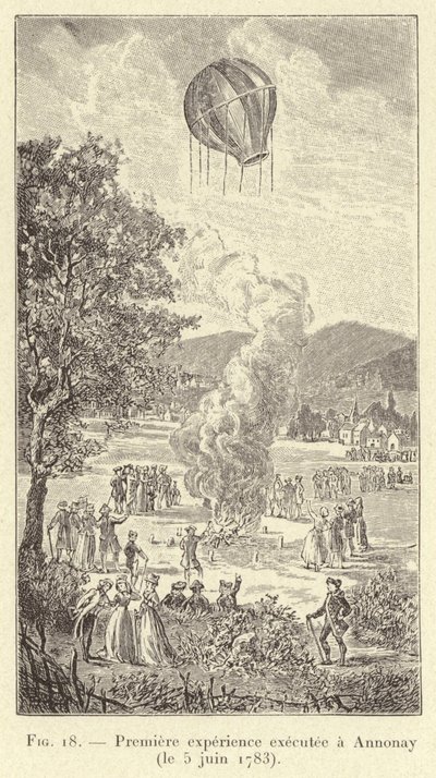 Pierwszy eksperyment przeprowadzony w Annonay (5 czerwca 1783) (rytowanie) autorstwa French School