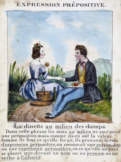 Wyrażenie przyimkowe (Kuchnia na środku pól) - Gramatyka na obrazach, ok. 1850 autorstwa French School