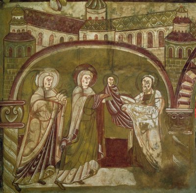 Ofiarowanie Jezusa w świątyni. Fresk kościoła Vic sur Cere (Cantal). XII wiek. Paryż, Muzeum Zabytków angielski autorstwa French School
