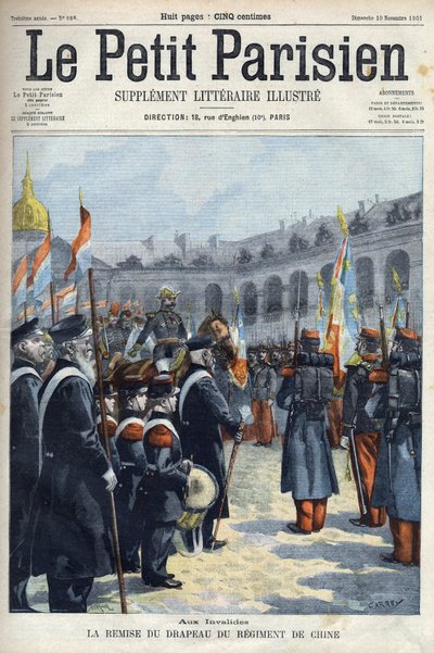Wręczenie flagi Pułku Chińskiego przez generała Faure Bigueta (Faure-Biguet) gubernatorowi generała Arnoux podczas Invalides w Paryżu, w „Le petit Parisien”” 1901 (rycina) autorstwa French School
