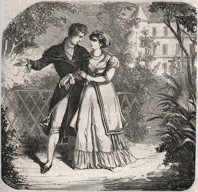 Księżna Walii Karolina z Brunszwiku (1768-1821) spacerująca ze swoim kochankiem, Bartolomeo Bergami. Grawer z 1871 r. w „Histoire Des Cocus Celebres” Henry