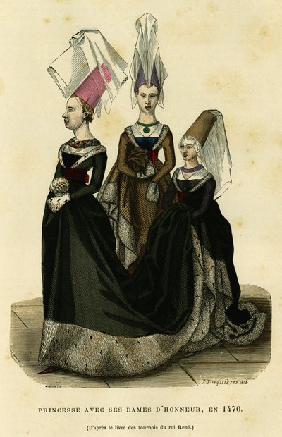 Księżniczka z damami dworu, około 1470 roku. Kolorowa rycina według księgi turniejów króla Rene, w "France et les francais a travers les siecles" Augustina Challamela, redaktora F.Roya, Paryż 1882. Kolekcja Selva. autorstwa French School