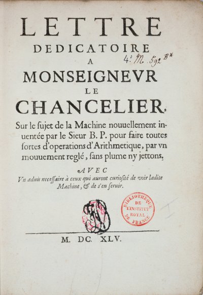 Drukowany list dedykacyjny na wynalazek maszyny liczącej Blaise Pascal (1623-62) 1645 autorstwa French School
