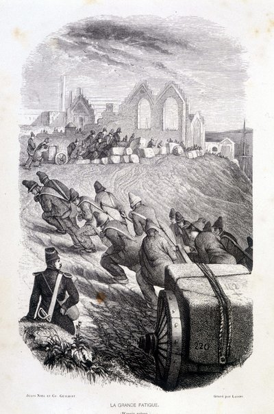 Więźniowie ciągnący bloki kamienia, „”Les Bagnes: histoire, types, moreurs, mystique”” Maurice Alhoy, wyd. Gustave Havard autorstwa French School