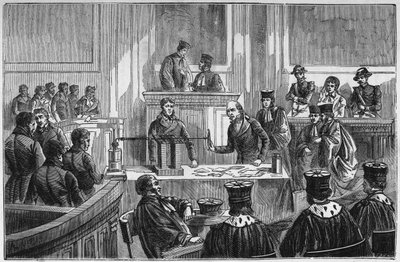 Proces autorstwa Marie Fortunee Capelle (1816-1852), znanej jako Marie Lafarge, francuskiej kryminalistki skazanej za zamordowanie jej męża w 1840 r. – Grawerowanie w „”Nauki dostępne dla wszystkich – fizyka i chemia”” Alexis Clerc – koniec XIX wieku - Pry autorstwa French School