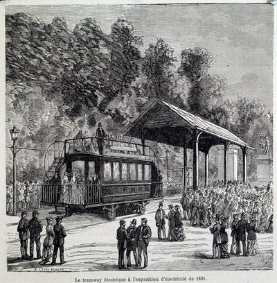 Postęp w transporcie: tramwaj elektryczny wystawił elektryczność w 1881 roku. Rycina XIX wieku autorstwa French School