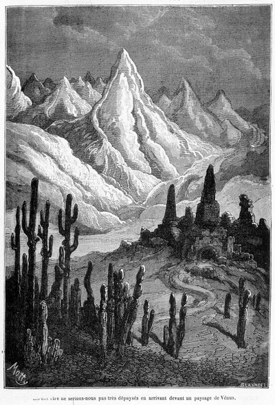 Wyimaginowana projekcja pejzażu Wenus - w „Les Terres du Ciel” Camille Flammarion, wyd. Marpon & Flammarion, Paryż autorstwa French School
