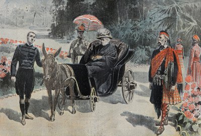 Promenade de Victoria I (1837-1901) Królowej Anglii, w parku Hotelu Cimiez niedaleko Nicei. Grawerowanie w „”Le Pelerin”” 26.03.1899. autorstwa French School