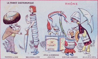 Karta promocyjno-edukacyjna dla dzieci specjalności kulinarnych regionu Rodanu, ok.1900 autorstwa French School