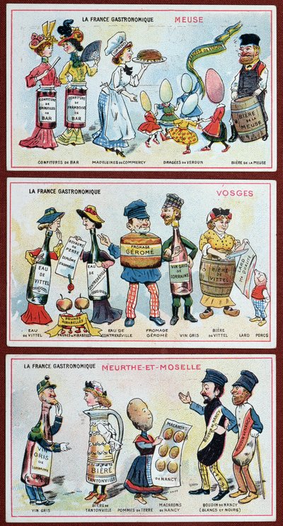 Karty promocyjne i edukacyjne dla dzieci przedstawiające specjały kulinarne regionu Lotaryngii, ok.1910 r. autorstwa French School