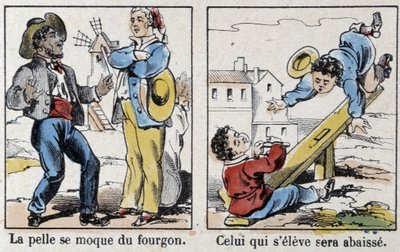 Przysłowie na obrazie Epinal: „”łopata kpi z furgonetki””, „”Kto wstanie, zostanie opuszczony”” autorstwa French School