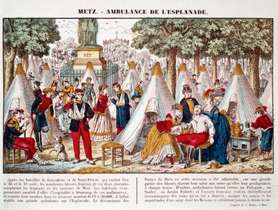 Wojna pruska: karetka pogotowia zainstalowana na esplanadzie do leczenia rannych w 1870 r. w Metz (rycina) autorstwa French School