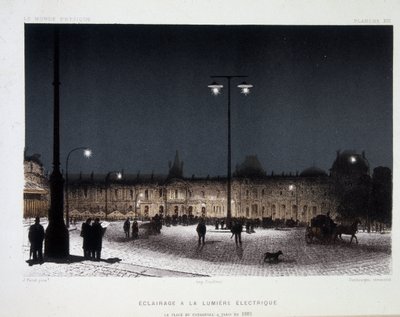 Oświetlenie publiczne ze światłem elektrycznym na place du carrousel w Paryżu 1883 - w „Magnetyzmie i elektryczności” Amedee Guillemin autorstwa French School