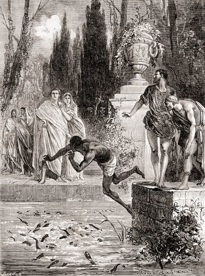 Publius Vedius Pollio, rzymski konny, karmiący niewolnika swoim minogiem, z Les Merveilles de la Science, opublikowany ok. 1870 autorstwa French School