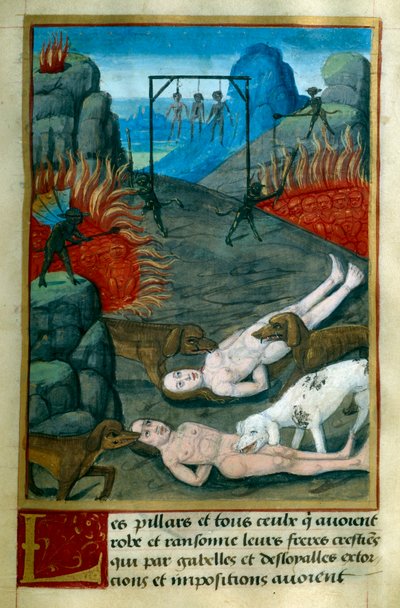 Kara zarezerwowana dla złodziei i szabrowników w piekle, są oni wieszani, paleni i pożerani przez psy. Miniatura z "Le Tresor de Sapience" autorstwa Jeana Gersona (1363-1429) XV wiek Chantilly, Musee Conde autorstwa French School