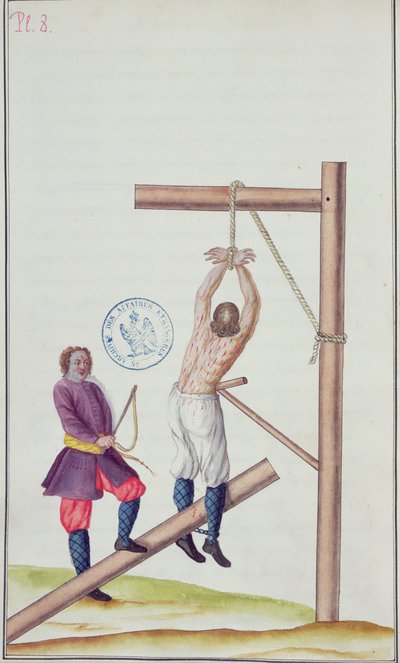 Kara z nożem w zawieszeniu na linie, z Voyage en Russie, 1731 (pióro i atrament i toaleta na papierze) autorstwa French School