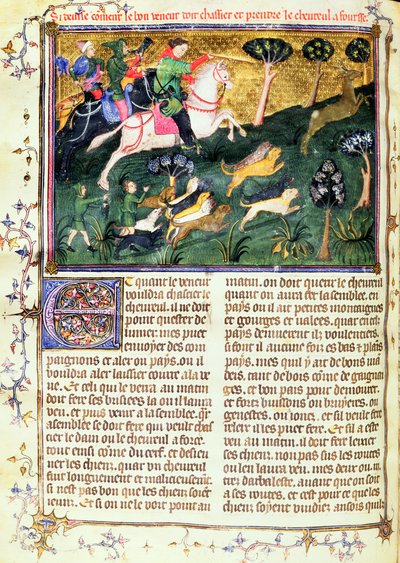 Pogoń za sarną, z Livre de la Chasse, oryginalny tekst Gastona III, hrabiego de Foix Phebus le Chasseur (1331-91) Awinion, 1387-89 (gwasz na pergaminie) autorstwa French School