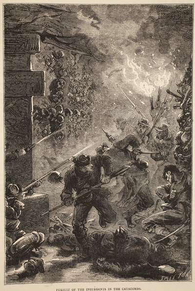 Pogoń za powstańcami w katakumbach, maj 1871, ilustracja z Historii wojny Cassells między Francją a Niemcami, 1870-1871 autorstwa French School