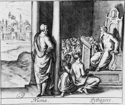 Pitagoras (ok. 570-480 pne) prowadzący klasę uczniów, ilustracja z Metamorfoz Owidiusza autorstwa French School