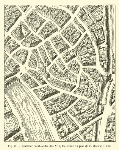 Dzielnica Saint-Andre des Arts, faksymile planu F Quesnela, 1608 autorstwa French School