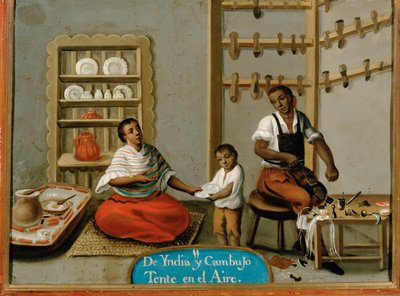 Rasy w Meksyku: Metysi szewc i sprzedawca ceramiki w swoim warsztacie autorstwa French School